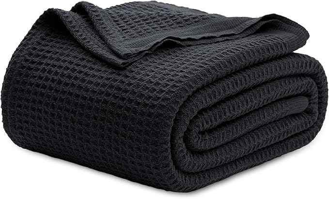 Bedsure 100% Cotton Blanket Queen Size for Bed - Breathable and Soft, Waffle Weave Blanket for Summer, Thick Cozy Fall Blankets for Women Gift, Black, 90x90 Inches-StrideForce Fitness