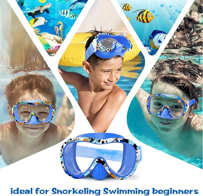 Kids Swim Goggles 180° Snorkel Diving Mask with Nose Cover, Anti-Fog Kids Swimming Goggles with Elastic Fabric Strap for Kids Boys Girls-StrideForce Fitness