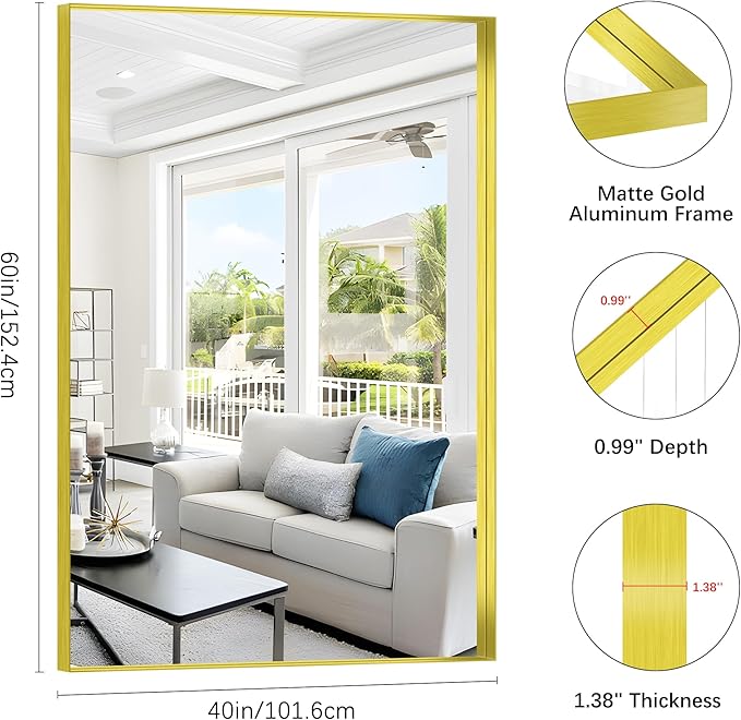 Gold Bathroom Mirror, 60x40 Inch Rectangular Framed Mirror, Large Wall Mounted Bathroom Vanity Mirror Over Sink for Bedroom,Restroom, Living Room, Hangs Vertically or Horizontally-StrideForce Fitness