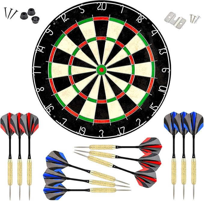 LinkVisions Dartboard with Staple-Free Bullseye, 18g Steel Tip Darts Set,12 Steel Tip Darts 18g, Dartboard Mounting Kits Included-StrideForce Fitness