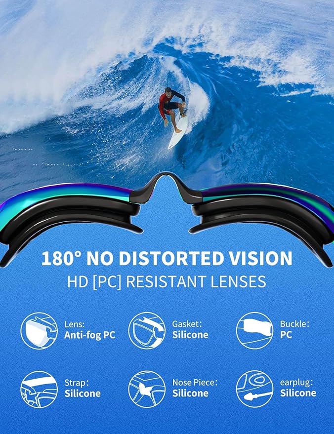 7 in 1 Swim Goggles + Swim Cap for Men Women,No Leak Anti-Fog & UV, Wide Visio HD Mirror PC Lens-StrideForce Fitness