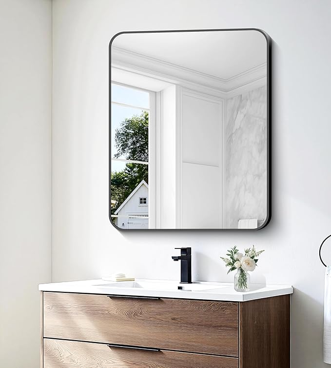 30x36 inch Bathroom Mirror,Black Rectangle Mirror,Wall Mounted Bathroom Frame Vanity Mirror with Round Corner for Bedroom Living Room, Entryway Hangs Horizontal or Vertical-StrideForce Fitness