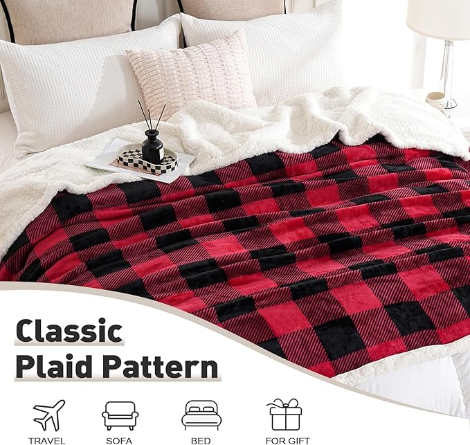 PU MEI Sherpa Fleece Throw Blanket 60" x 80" Reversible Plush Fluffy Large Big Blanket Lattice Flannel Blankets for All Season Use, Red and Black-StrideForce Fitness
