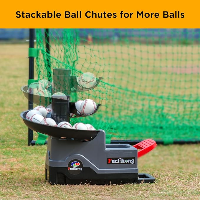 Furlihong 691BH Baseball Softball Toss Machine, Foot-Operated, No Power Needed, 4 Adjustable Gears, Includes 2 Ball Chutes, 1 PU Baseball & 1 PU Softball-StrideForce Fitness