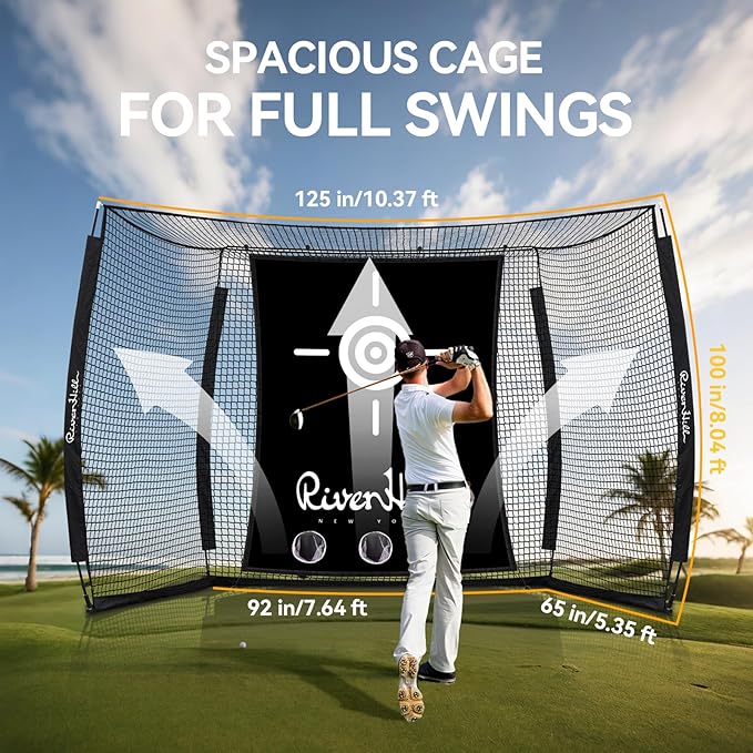 Golf Cage with Impact Screen, 10x8 Ft Golf Hitting Net w/Sound-Dampening Cloth, Practice Mat, Golf Simulator Enclosure, Indoor & Outdoor Driving Chipping Equipment for Home, Backyard & Garage-StrideForce Fitness