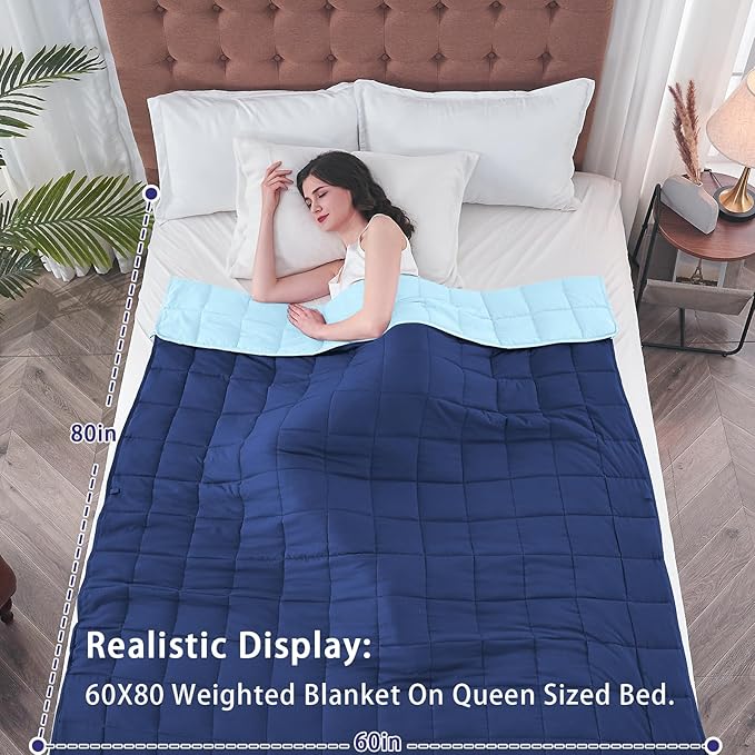 yescool Weighted Blanket for Adults (25 lbs, 60" x 80", Navy & Blue) Cooling Heavy Blanket for Sleeping Perfect for 240-260 lbs, Queen Size Breathable Blanket with Premium Glass Bead, Machine Washable-StrideForce Fitness