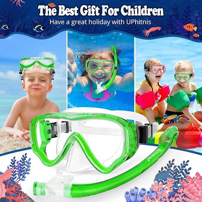 U PHITNIS Kids Snorkel Set for Age 4-14 - Dry Top Snorkeling Gear for Kids Junior & Youth - Childs Diving Mask with Big Eyes for Boys Girls - Anti-Fog Snorkeling Mask and Snorkel Set-StrideForce Fitness