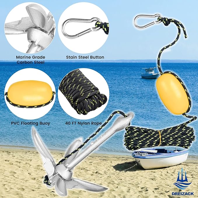 Dreizack Kayak Anchor Kit, 3.5 lb Folding Grapnel Boat Anchor Trolley Accessories with 40ft Rope and PVC Buoy for Fishing Kayaks SUP Paddle Boards Canoes Jet Ski PWC Inflatable Small Boats-StrideForce Fitness
