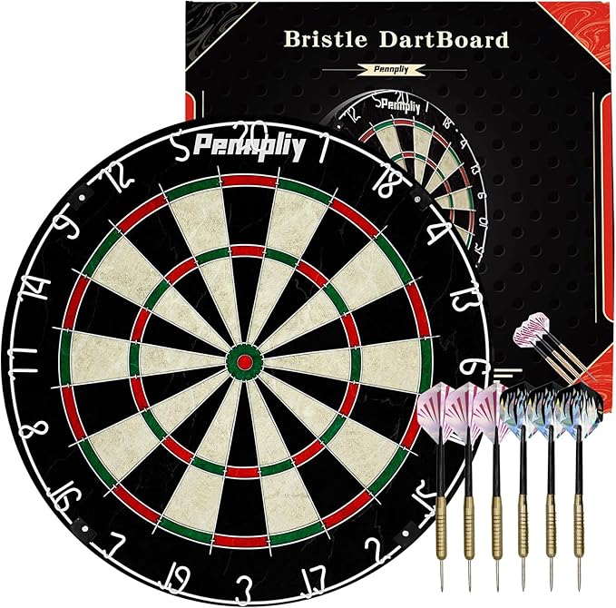 Bristle Dart Board Set, Professional Dart Board 18" with 6pcs 18g Darts Outdoor Dartboard Set, Compressed Sisal Metal Wire Board with Rotating Number Ring-StrideForce Fitness