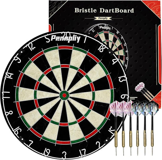 Bristle Dart Board Set, Professional Dart Board 18" with 6pcs 18g Darts Outdoor Dartboard Set, Compressed Sisal Metal Wire Board with Rotating Number Ring-StrideForce Fitness