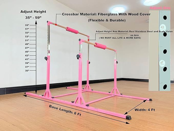 Gymnastics Double Horizontal Bars 3Play Parallel Bars Uneven Bars Gymnastics Training Kip Bar with 304 Stainless Steel Regulating Arms & Fiberglass Rail for Indoor Outdoor Home Club Use-StrideForce Fitness