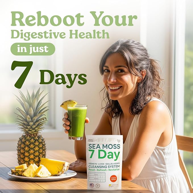 Atlantic Naturals Sea Moss 7 Day Detox Liver, Gallbladder & Kidney Cleanse - Support with Dandelion Root, Milk Thistle, Burdock Root, Red Clover, Chanca Piedra - Pineapple Flavor Drink Mix (14 oz)-StrideForce Fitness