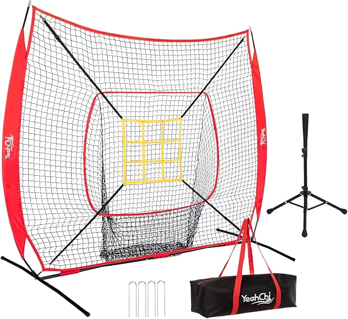 7×7FT Baseball Net with Batting Tee and Strike Zone Target, Portable Hitting Pitching Batting Training Net, Baseball and Softball Training Equipment,Suitable for All Skilled Levels-StrideForce Fitness