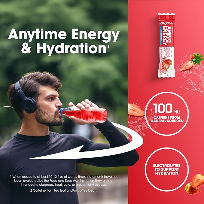 Optimum Nutrition Amino Energy Plus Hydration Packets, On-The-Go Energy Powder Stick Packs, Strawberry Burst, 25 Count-StrideForce Fitness