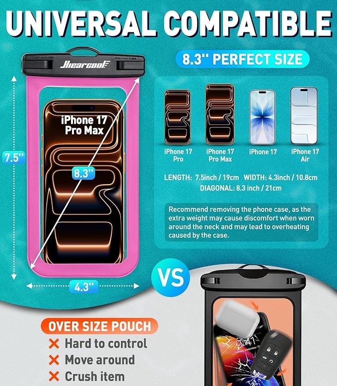 Hiearcool Waterproof Phone Pouch,Waterproof Phone Case for iPhone 17 16 15 14 13 Pro Max,IPX8 Phone Waterproof Pouch for Beach Cruise Ship Travel Essentials Green&Bright Red-2Pack-StrideForce Fitness