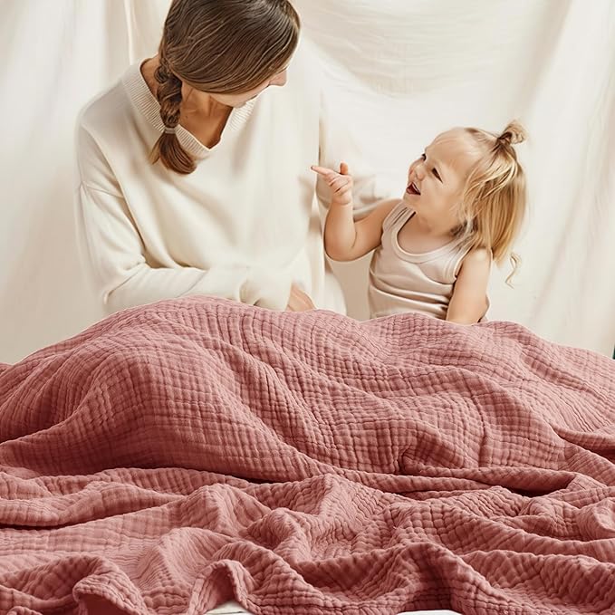 Carriediosa 100% Cotton Muslin Throw Blanket 70" X 80" Twin Size，4-Layers Summer Gauze Throws for Bed Couch，Soft Lightweight Breathable Linen Blankets Bedspread for Adults All Season，Mauve-StrideForce Fitness