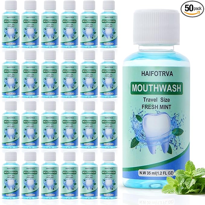 50 Pcs Mini Mouthwash Travel Size Bulk,Blue Portable Mint Flavor Mini Mouthwash Individual 35ml/1.2oz On The Go Mouth Wash Small Bottle for Travel,Office,Toiletry Kits
