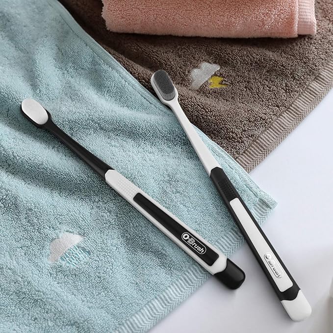 Ultra Extra Soft Toothbrush for Sensitive Gums, New Japanese 20,000 Micro Fine Nano Bristles Brush for Adults, Pregnant and Elderly, Portable Case for Travel, Black and White Color Pack of 2