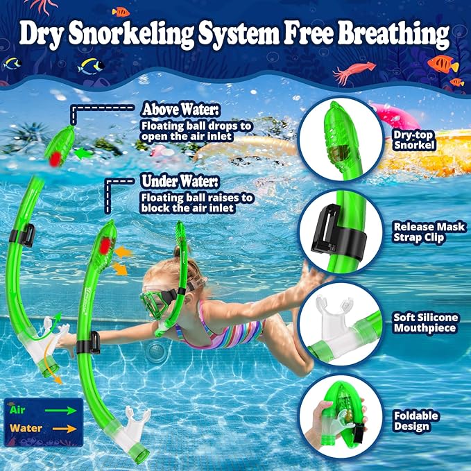 U PHITNIS Kids Snorkel Set for Age 4-14 - Dry Top Snorkeling Gear for Kids Junior & Youth - Childs Diving Mask with Big Eyes for Boys Girls - Anti-Fog Snorkeling Mask and Snorkel Set-StrideForce Fitness