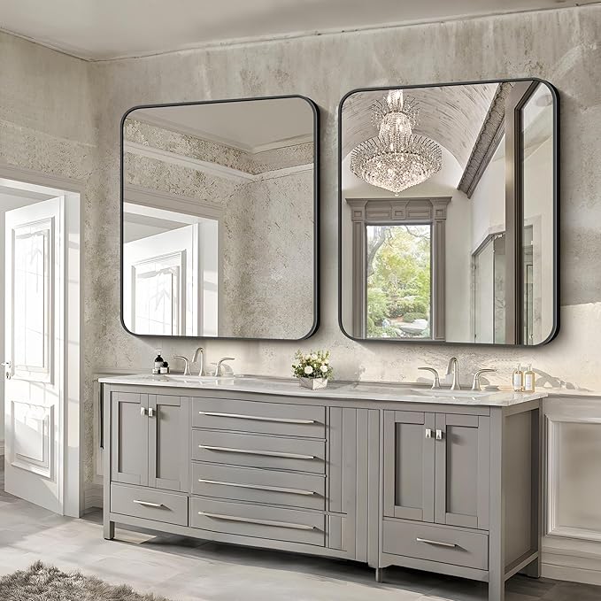 FORBATH Black Bathroom Mirror 40 x 48 Inch, Rectangular Vanity Mirror Wall Rounded Corner Metal Framed Bathroom Mirror for Living Room Bedroom Entryway Decor (Horizontal/Vertical)-StrideForce Fitness