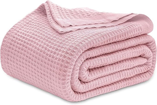 Bedsure 100% Cotton Blanket Queen Size for Bed - Breathable and Soft, Waffle Weave Blanket for Summer, Thick Cozy Fall Blankets for Women Gift, Pink, 90x90 Inches-StrideForce Fitness