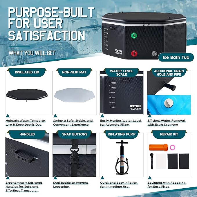 Albott Inflatable Cold Plunge Tub for Athletes, Ice Bath Tub with Insulated Lid Non-Slip Mat & Handles, Water Chiller Compatible, Portable for Indoor & Outdoor Recovery, 525 Gal, 79"L x 79"W x 33"H-StrideForce Fitness