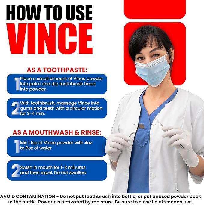 Vince Gum and Mouth Powder - Daily Use Dentifrice - Oxygenating Bubbles - Bad Breath - Gingivitis - Irritated or Bleeding Gums - Canker Sore - Inflammation - Wounds - Cleanse & Refresh - 4 Ounce