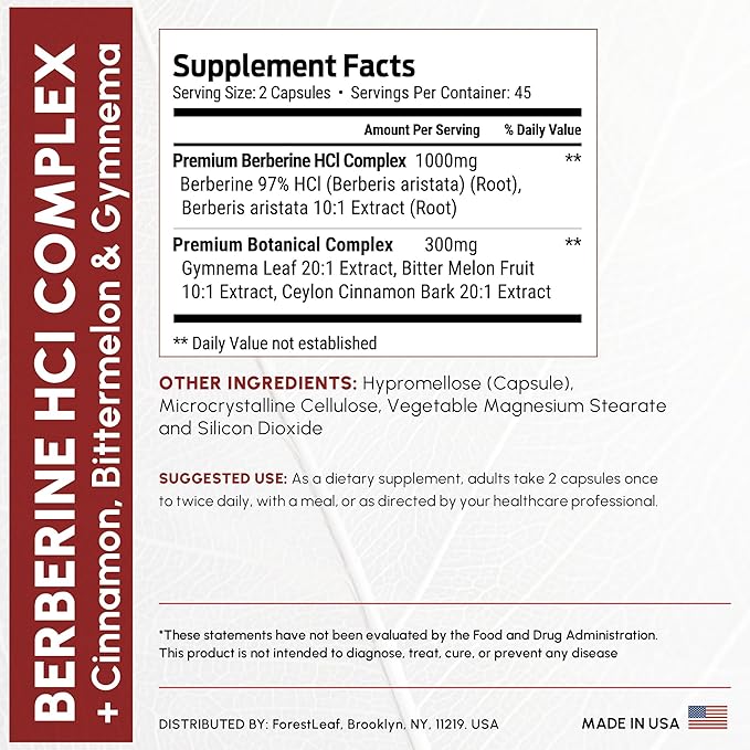 Berberine Supplement 1300mg per Serving- 97% Tested Ultra High Potency Berberine HCl with Ceylon Cinnamon, Bitter Melon & Gymnema, 10:1 Extract Berberis Supplements, Weight Management, 90 Veggie Caps-StrideForce Fitness