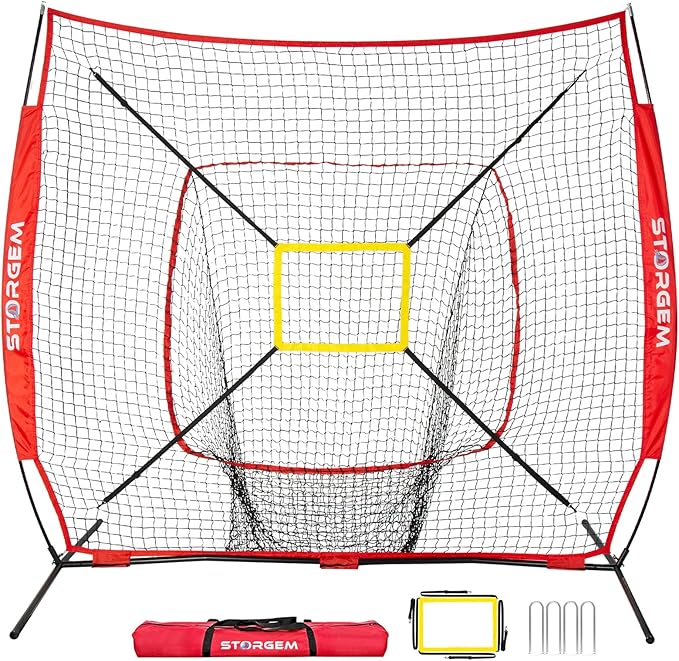 Storgem Baseball and Softball Practice Net 7×7ft Portable Hitting Pitching Batting Training Net Baseball Backstop Net with Batting Tee and Strike Zone and Bow Frame-StrideForce Fitness