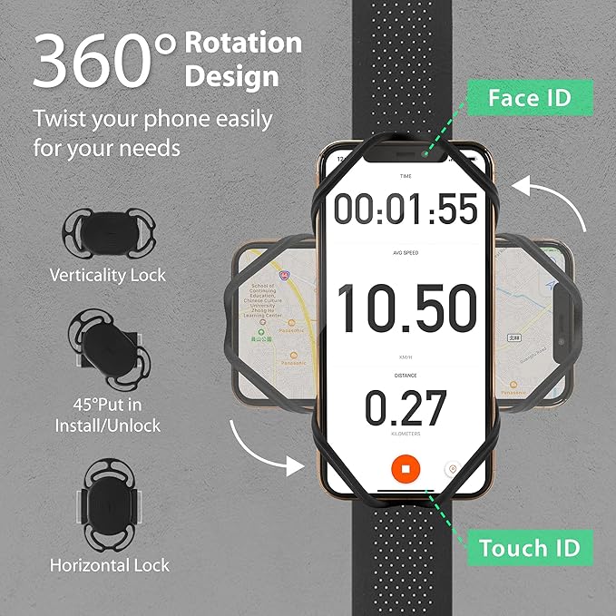 BONE Run + Bike Tie Connect Kit 1, 2-in-1 Running & Bike Phone Holder, Detachable & Rotatable 360° Sport Armband & Phone Mount Compatible with Most Smartphones (Stem/Armband 2-in-1 Connection Kit)-StrideForce Fitness