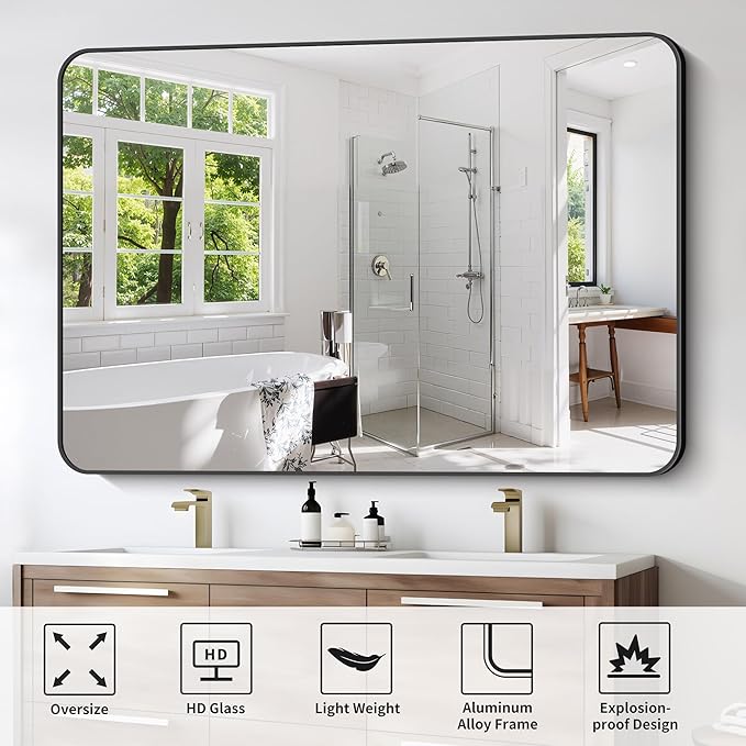 FORBATH Large Bathroom Mirror 60" x 40", Black Rectangle Metal Framed Rounded Corner Wide Wall Mounted Mirror for Bathroom Bedroom Entryway Decor(Horizontal/Vertical)-StrideForce Fitness