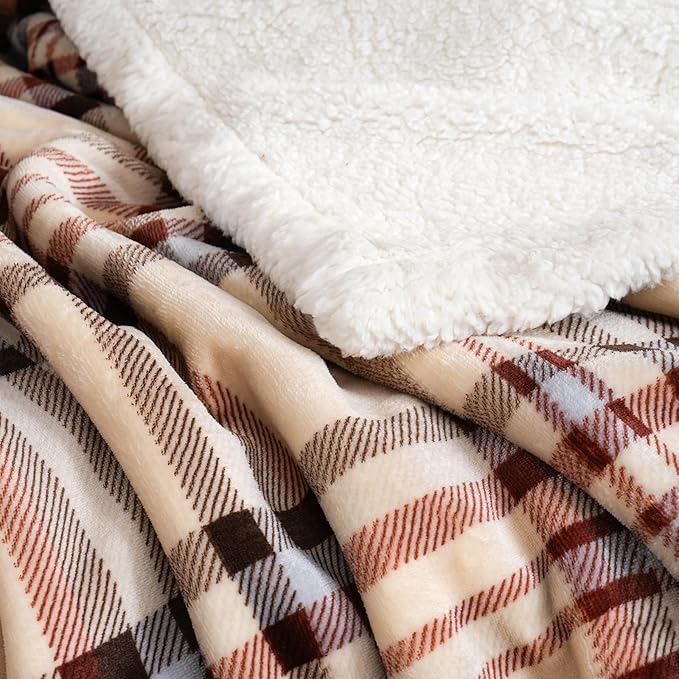 PU MEI Sherpa Fleece Throw Blanket 80" x 90" Reversible Plush Fluffy Large Big Blanket Lattice Flannel Blankets for All Season Use, Beige Stripe-StrideForce Fitness