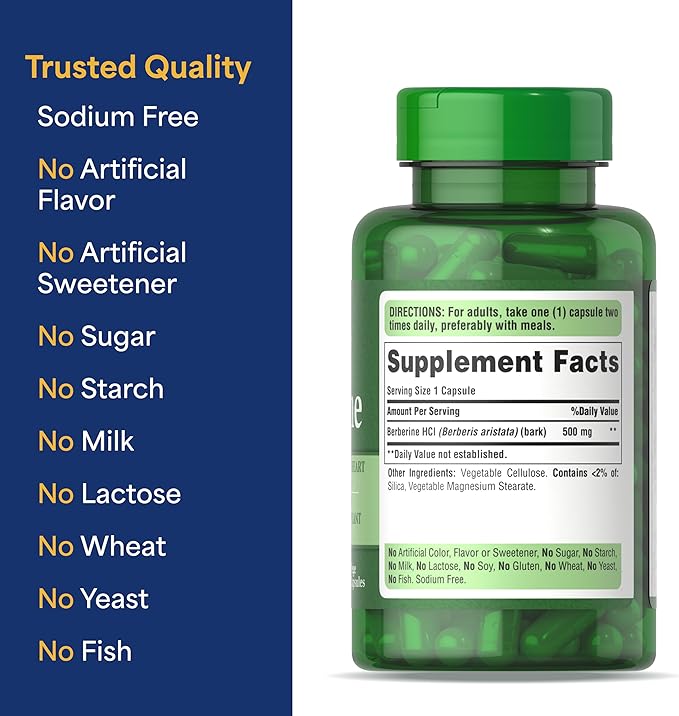 Puritan's Pride Berberine 500 mg, Dietary Supplement Support for Heart Health, Weight Loss, Support Blood Sugar and Cholesterol, 1 Month Supply, 60 Capsules-StrideForce Fitness