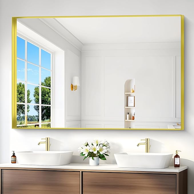 Gold Bathroom Mirror, 60x40 Inch Rectangular Framed Mirror, Large Wall Mounted Bathroom Vanity Mirror Over Sink for Bedroom,Restroom, Living Room, Hangs Vertically or Horizontally-StrideForce Fitness