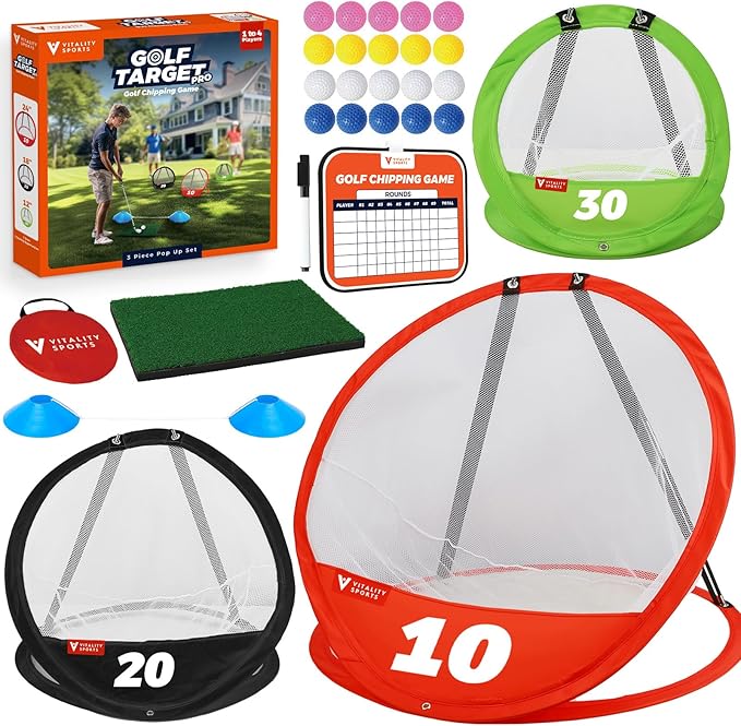 Vitality Sports Golf Chipping Net, 3PCS Pop-Up Golf Practice Net for Backyard, Indoor Outdoor Chipping Game with 3 Targets, 1 Hitting Mat, 20 Balls, Tee Box, Golf Gift for Men-StrideForce Fitness