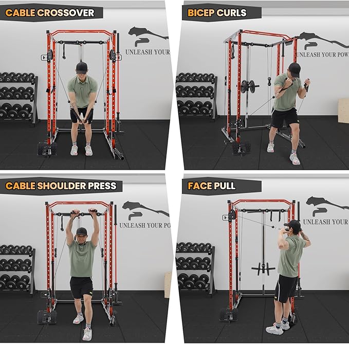 GaveeLife Power Cage, 2000 LBS Power Rack with Cable Cross-Over System, Multi-Functional Strength Training Squat Rack with LAT Pull Down System, Home Gym Equipment with Training Attachment, Red-StrideForce Fitness