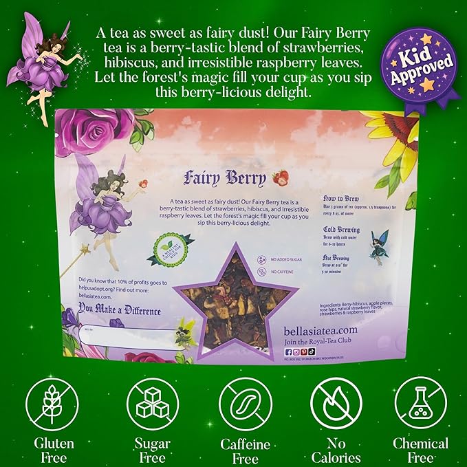 Bellasia Tea Fairy Berry for Kids Using Real Fruit Pieces - Caffeine Free Herbal Tea Blend with Real Ingredients & Balanced Flavor- Add Loose Leaf Tea to Your Child’s Routine for A Fun & Tasty Drink. 20-25 Cups-StrideForce Fitness