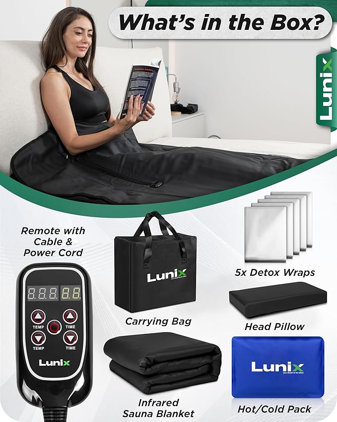 Lunix LX17 Infrared Sauna Blanket for Home, Portable Sauna for Detox, Pain Relief & Recovery, Adjustable 77–176°F Far Infrared Heat with Head Pillow, Detox Wrap & Hot Cold Gel Pack – Jet Black-StrideForce Fitness