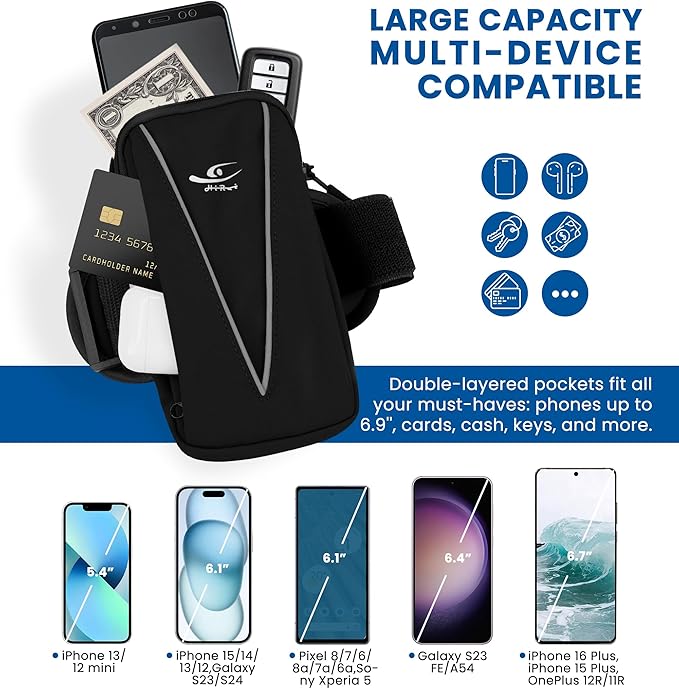 HiRui Cell Phone Holder Arm Bag & Wrist Bag for Phone, Sports Running Armband for Gym & Cycling, Compatible with iPhone 16/16Pro/Plus/15/14 Samsung Galaxy All Phones, Reflective & Adjustable (Black)-StrideForce Fitness