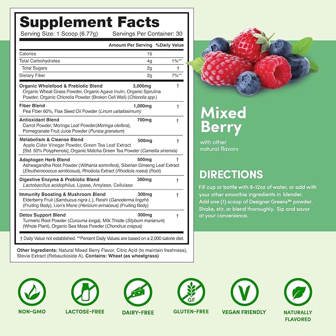 Designer Wellness, Designer Greens Superfood Powder with Prebiotics, Probiotics, Antioxidants, and Detox Support, 30 Servings-StrideForce Fitness