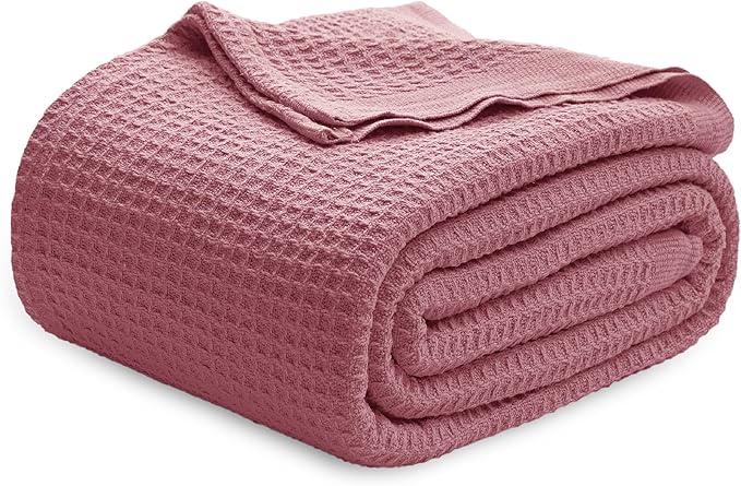 Bedsure 100% Cotton Blanket King Size for Bed - Breathable and Soft, Waffle Weave Blanket for Summer, Thick Cozy Fall Blankets for Women Gift, Dusty Rose, 104x90 inches-StrideForce Fitness