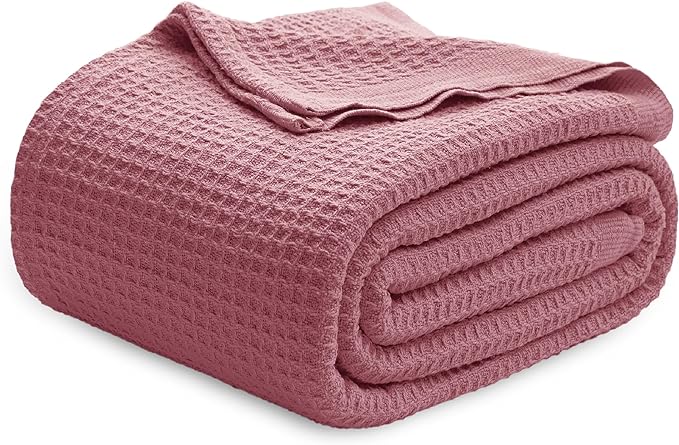 Bedsure 100% Cotton Blanket Queen Size for Bed - Breathable and Soft, Waffle Weave Blanket for Summer, Thick Cozy Fall Blankets for Women Gift, Dusty Rose, 90x90 Inches-StrideForce Fitness