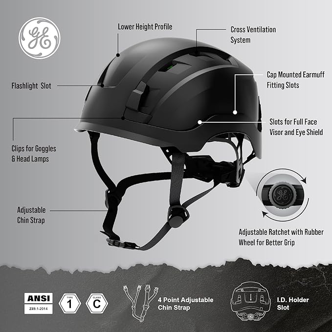 GE Safety Helmet, Impact Absorbing Tech, Adjustable Ratchet, ANSI Type 1, Memory Foam Padding, Hard Hats Protection, Lightweight, Durable, Chin Strap, Comfortable Fit OSHA Approved-StrideForce Fitness