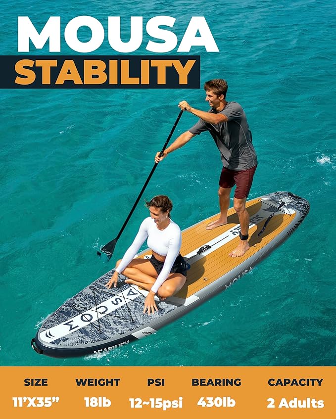 MOUSA 10‘8/11'×35" Extra Wide Inflatable Stand Up Paddle Board, Stable Paddleboard SUP for 2 People/Family, Anti-Slip Full EVA Deck, 3 Handles, 100L Backpack, All-Round Sup Board, Big Fin
