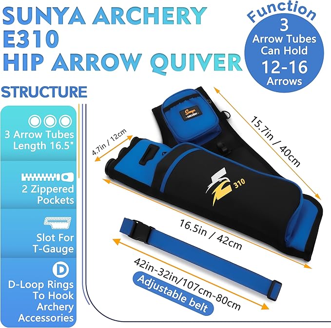 SUNYA Archery Hip Quiver for Arrows. Includes 3 Tubes Arrow Holder, Accessories Pockets and Waist Belt. Fit for Compound and Recurve Bow Practice.-StrideForce Fitness
