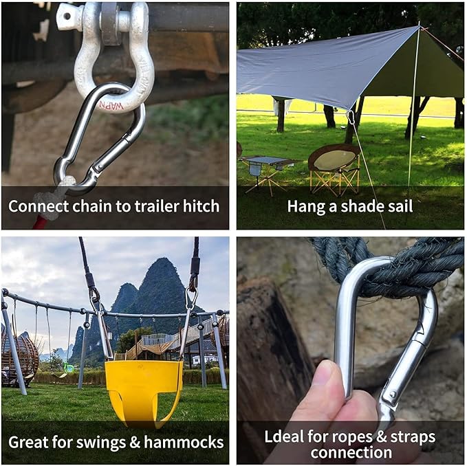 3 Inch Carabiner Spring Snap Hook Steel Clip Link Buckle Heavy Duty 8x80mm 10 Pcs for Outdoor Camping Hiking Hammock Swing, White-StrideForce Fitness