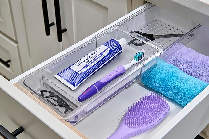 madesmart Expandable Dental Tray Drawer Organizer with Drying Stone, Clear Plastic Organizer for Toothbrush, Dental Floss, Water Flosser, Mouthwash