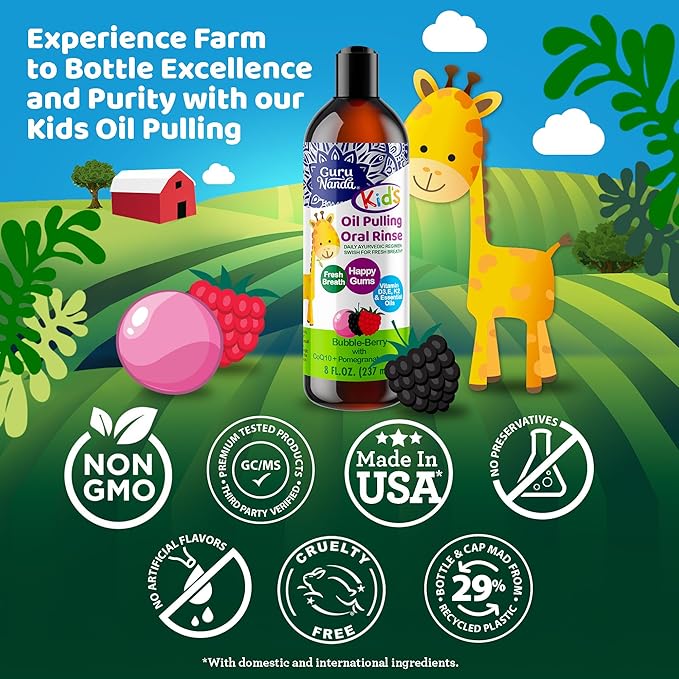 GuruNanda Kids Oil Pulling, Alcohol-Free Mouthwash, Essential Oils & Vitamins for Fresh Breath & Happy Gums for Ages 6 & up, Natural Bubble Berry, 8 Oz