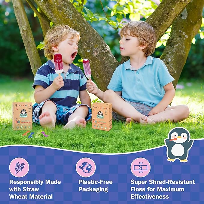 LILY & EDITH Straw Wheat Kids Flossers 160ct, Plant Based Dental Floss Picks for Children, Fluoride & Chemical Free(PFA Free), Penguin Flossing Sticks for Toddler, Paper Package, Unflavored