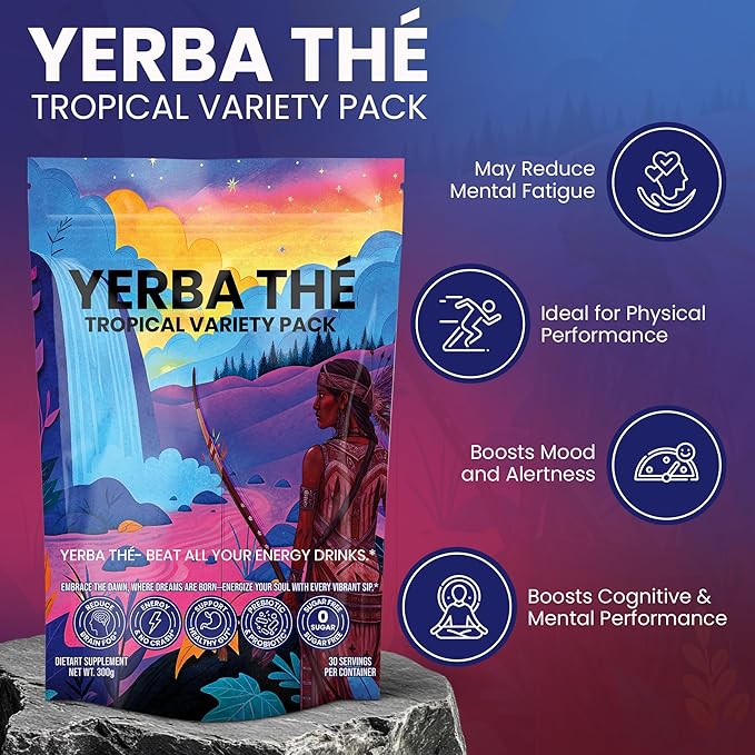 Yerba Mate Tea Powder 5 Mixed Tropical Fruit Flavors Clean Energy Drink Superfood - Support Gut Health, Probiotics and Prebiotics, Reduce Brain Fog, Relaxation & Focus Blend 30 sachets-StrideForce Fitness